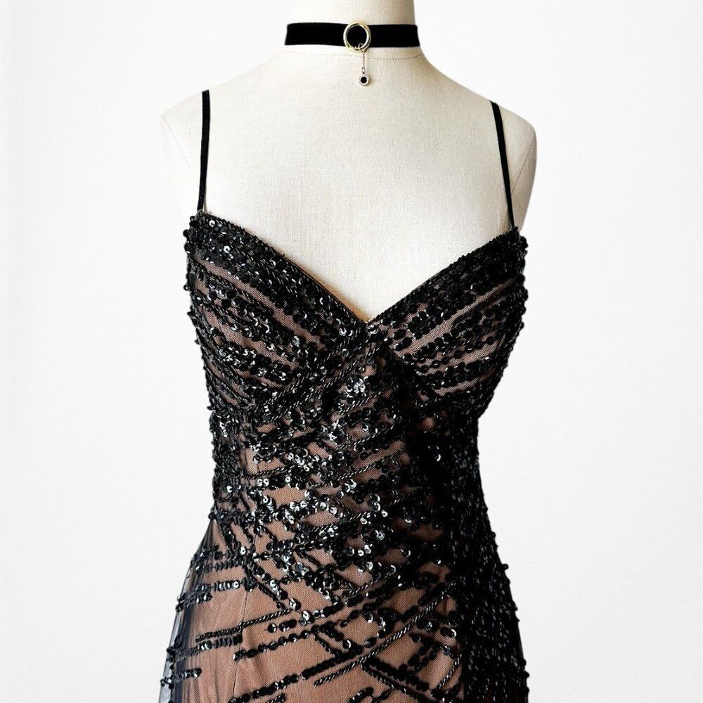 Vintage Y2K Brown Black Beaded Mesh Maxi Bodycon Side Slit Prom Dress Size M/L - Picture 6 of 13